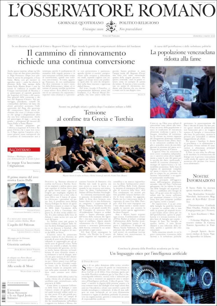 Portada de L'Osservatore Romano (Italia)