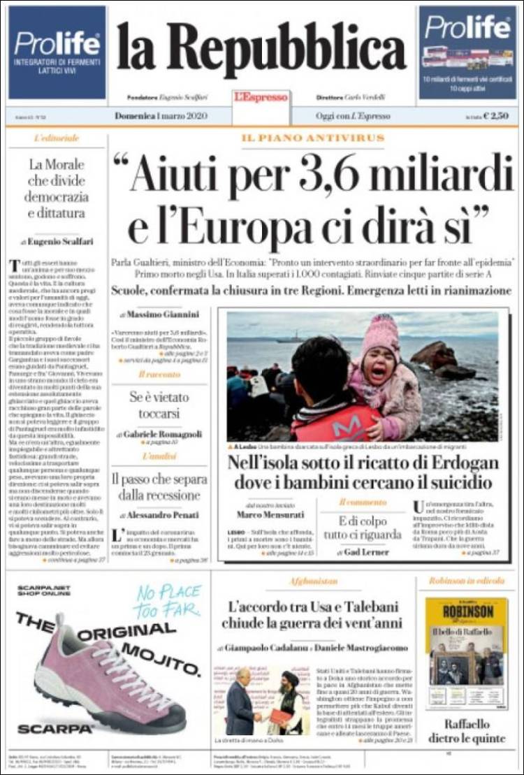 Portada de La Repubblica (Italia)