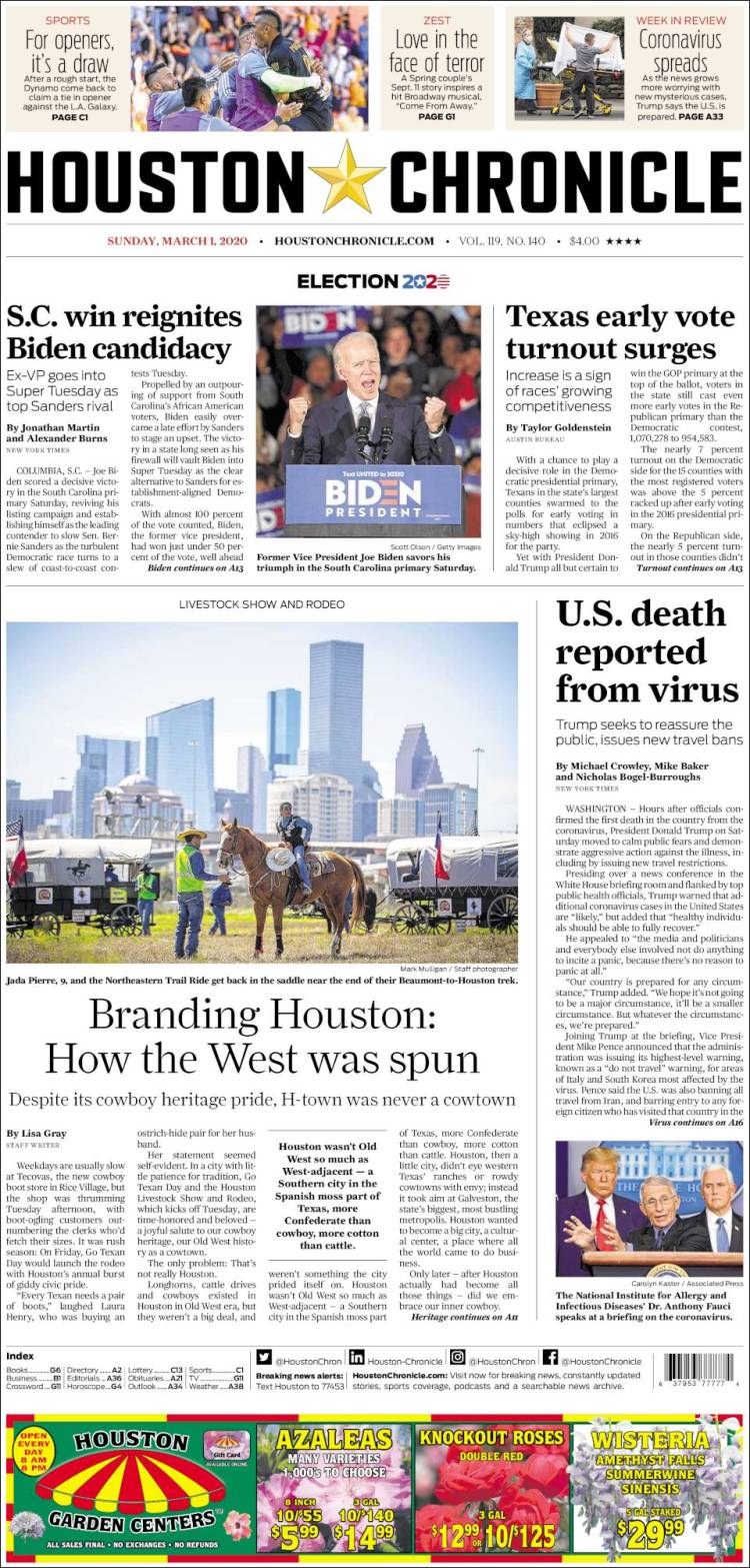 Portada de Houston Chronicle (USA)