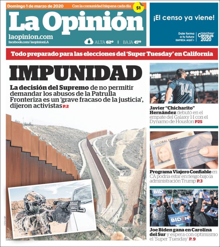 Portada de La Opinión (USA)