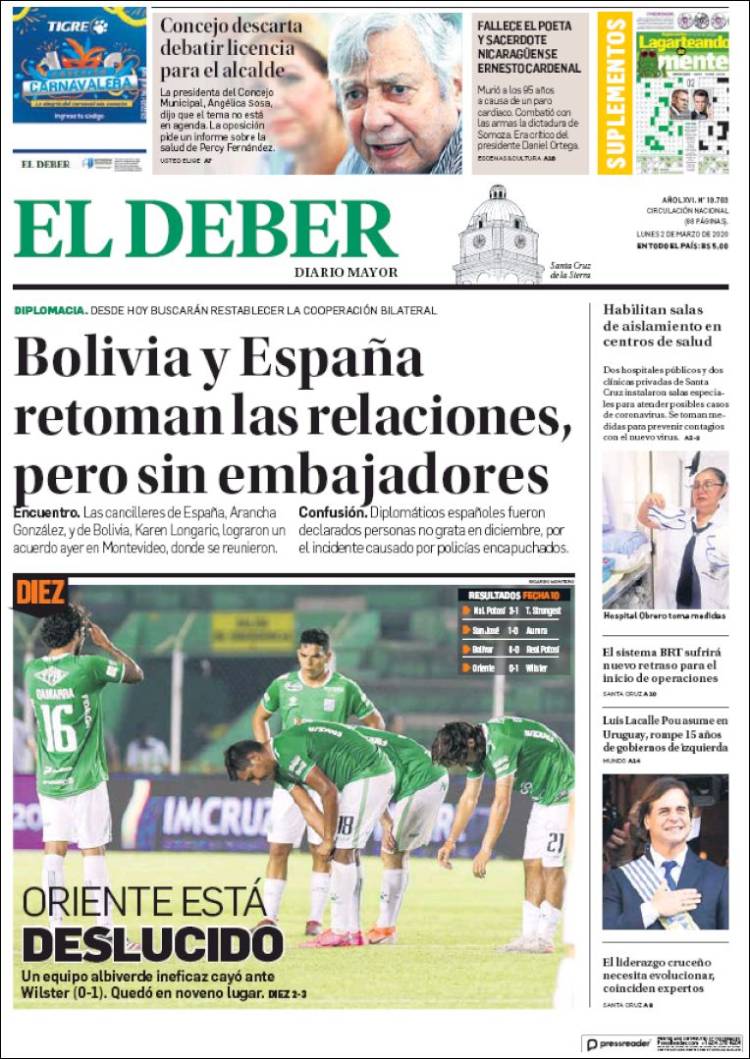 Portada de El Deber (Bolivia)