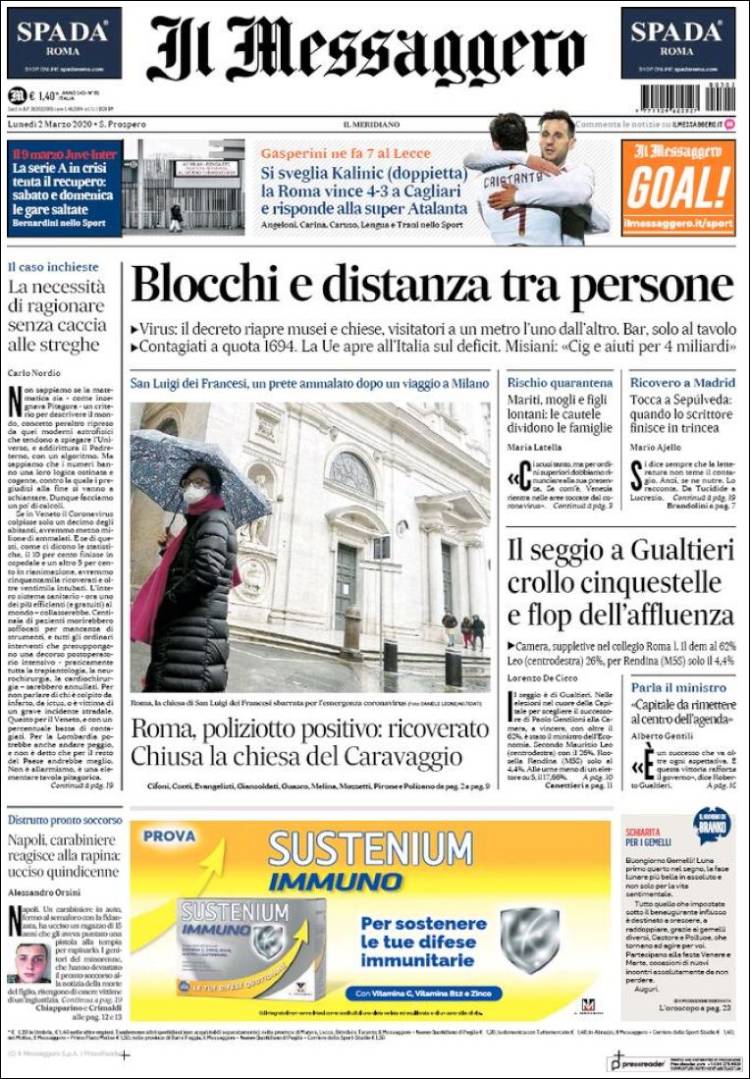 Portada de Il Messaggero (Italia)