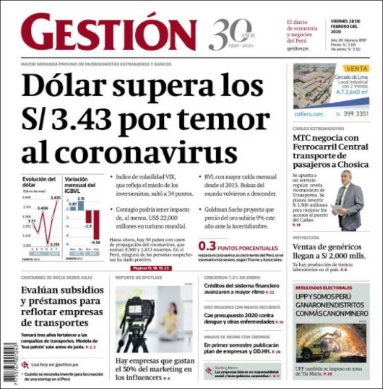 Portada de Diario Gestión (Per&uacute;)