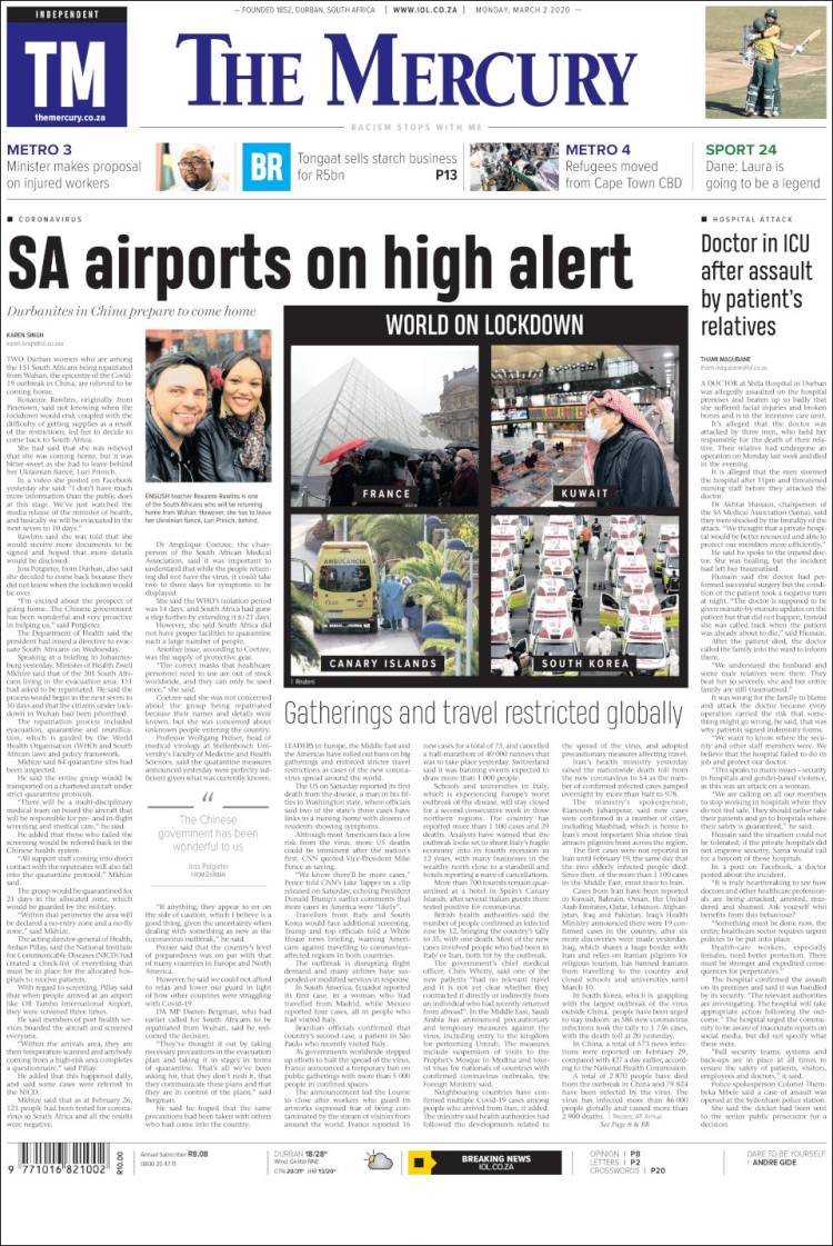 Portada de The Mercury (Sud&aacute;frica)