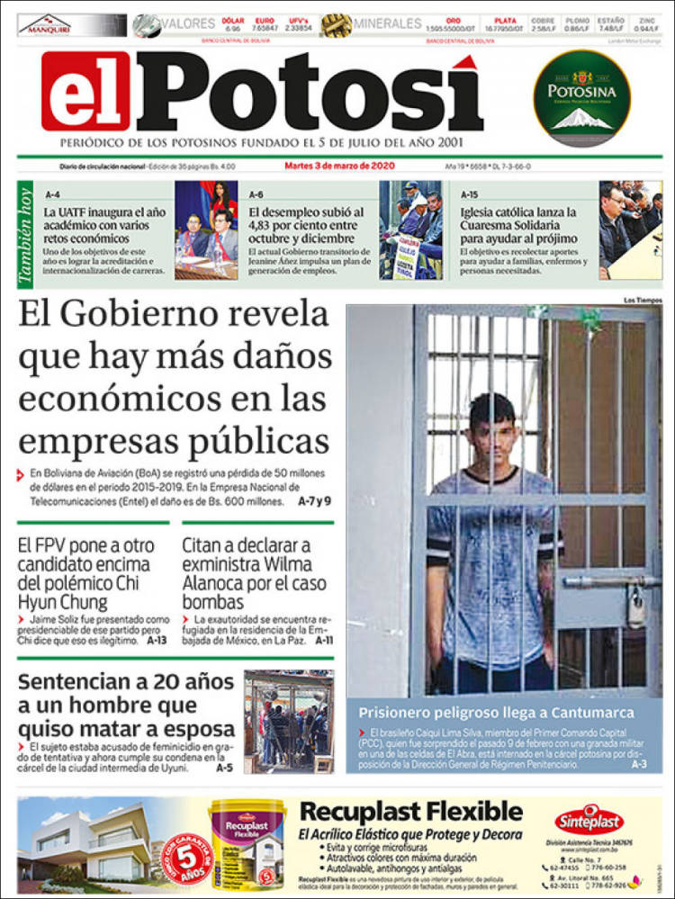 Portada de Diario de Potosí (Bolivia)
