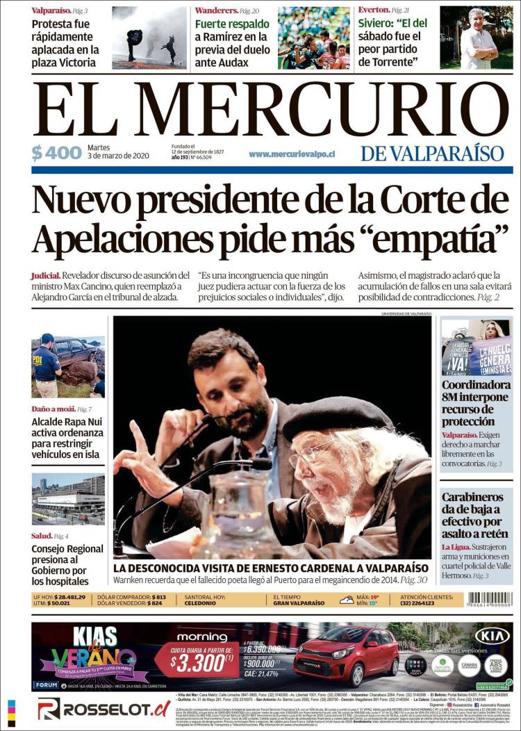 Portada de Mercurio de Valparaiso (Chile)