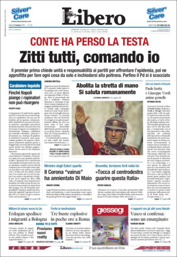 Periódico Libero (Italia). Periódicos de Italia. Edición de martes, 3 de  marzo de 2020. 
