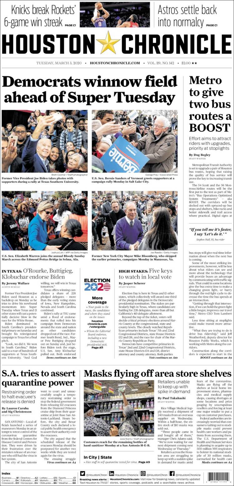 Portada de Houston Chronicle (USA)