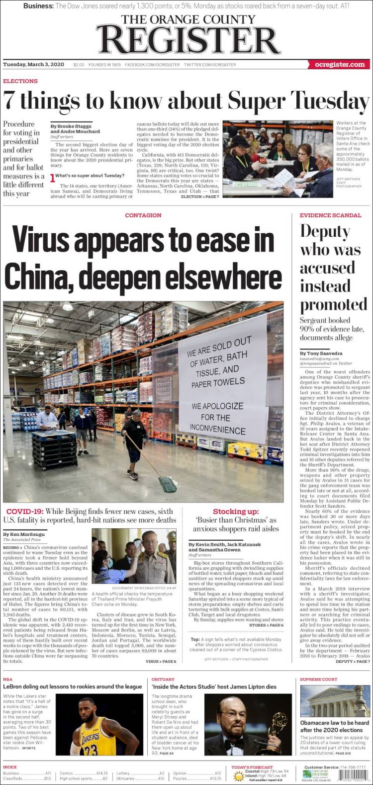 Portada de The Orange County Register (USA)
