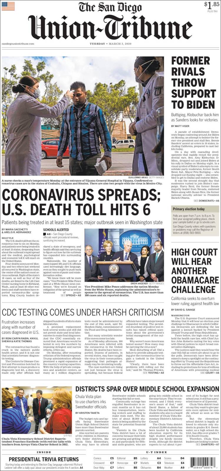 Portada de The San Diego Union-Tribune (USA)