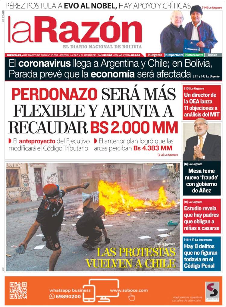 Portada de La Razón (Bolivia)