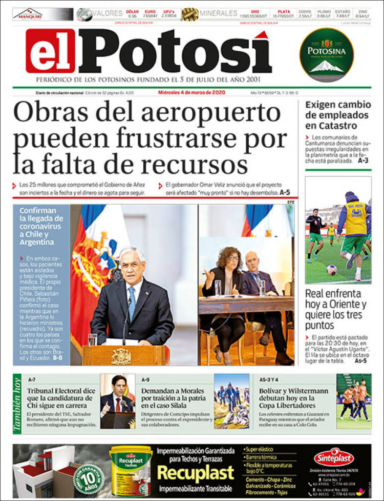 Portada de Diario de Potosí (Bolivia)