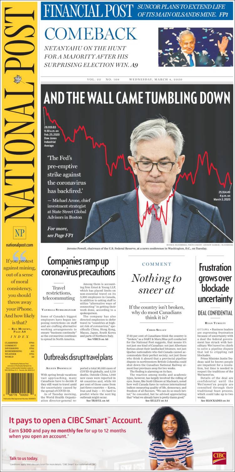 Portada de The National Post (Canadá)