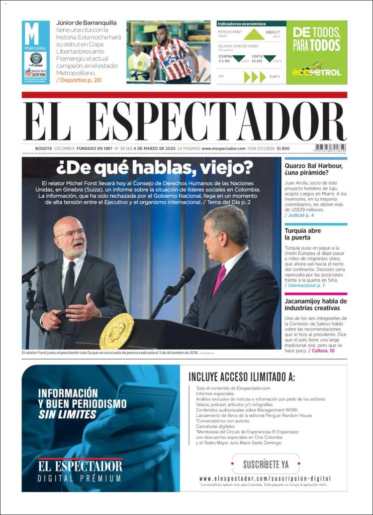Portada de El Espectador (Colombia)