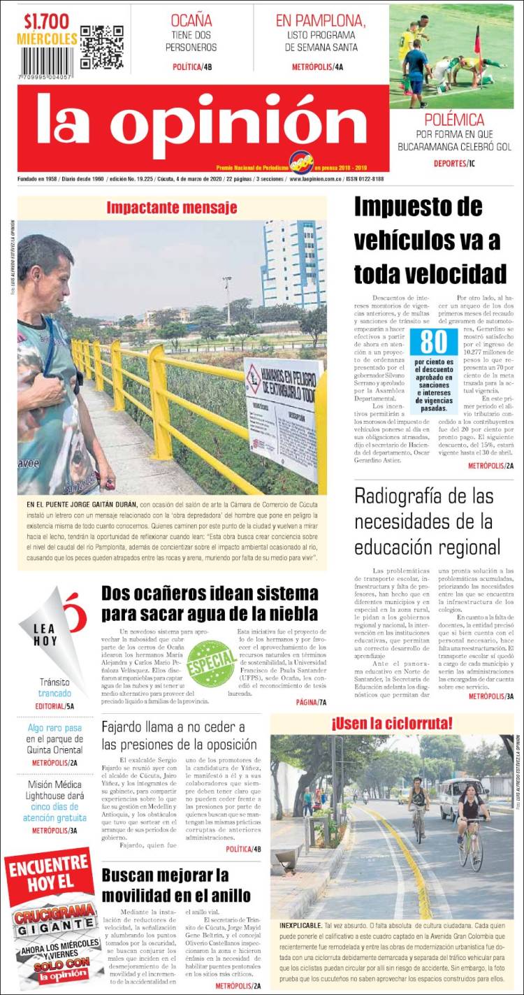 Portada de Diario La Opinion (Colombia)
