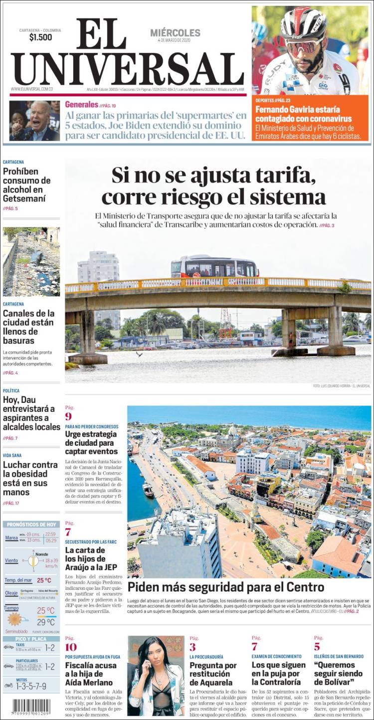 Portada de El Universal (Colombia)