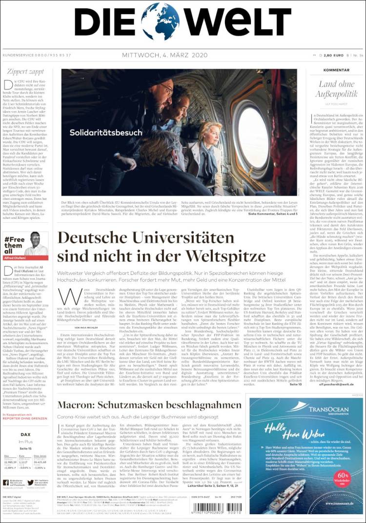 Portada de Die Welt (Alemania)