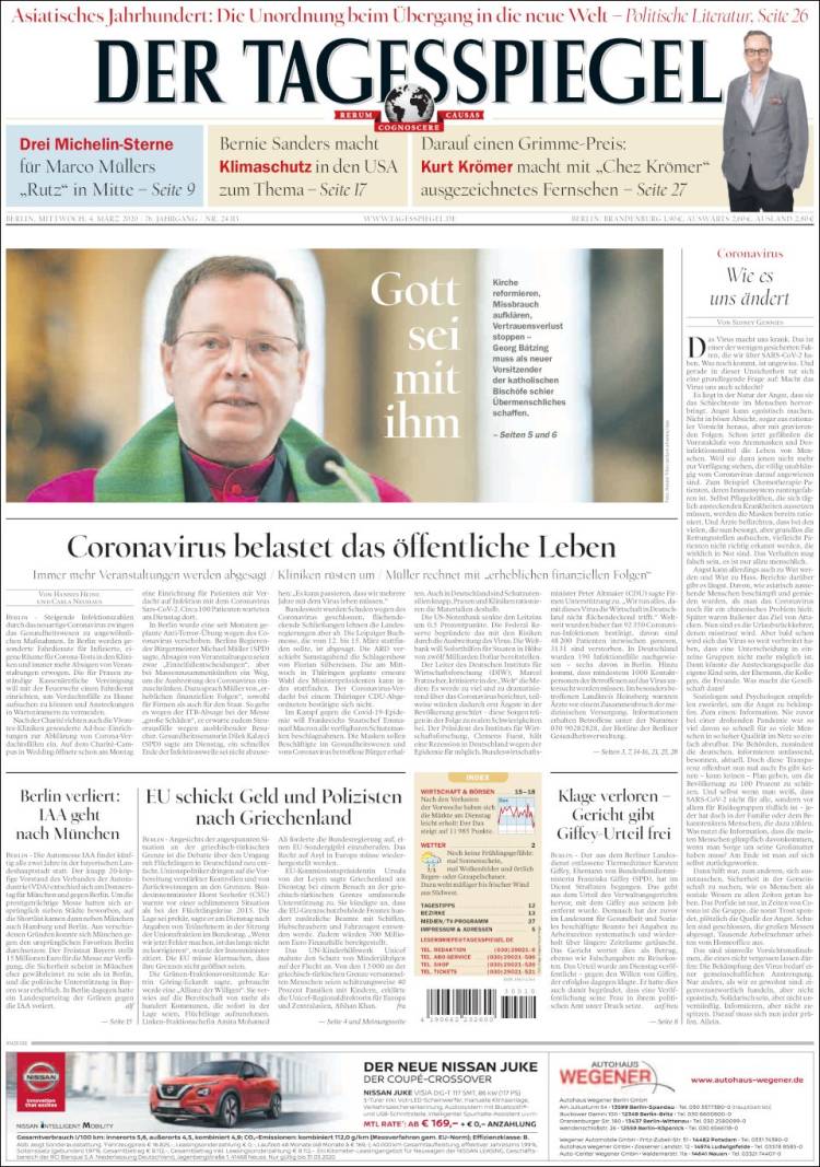 Portada de Der Tagesspiegel (Alemania)