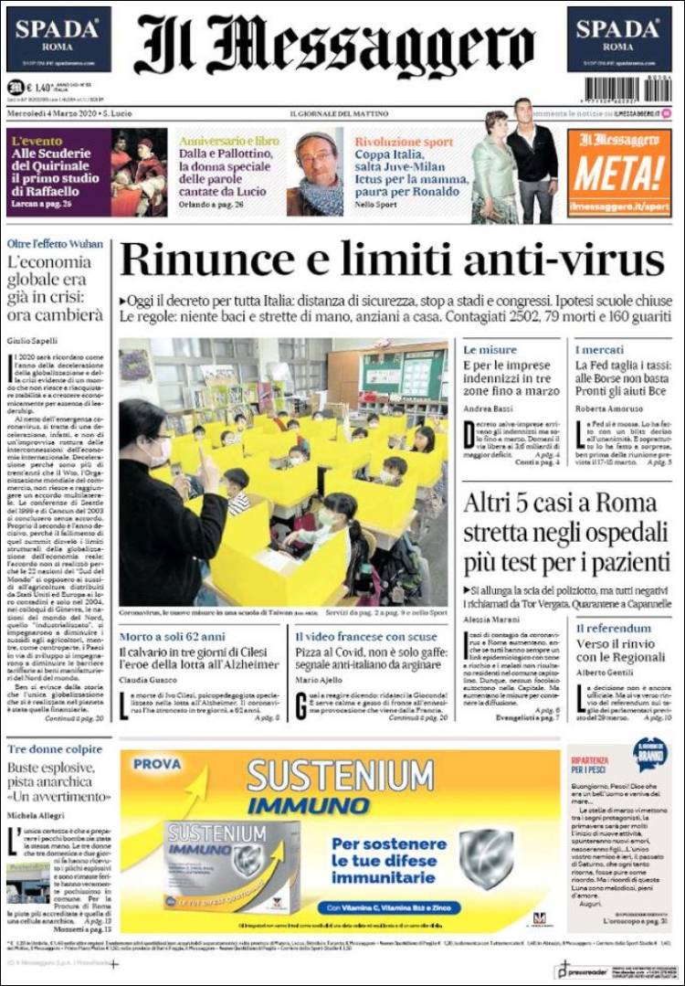 Portada de Il Messaggero (Italia)