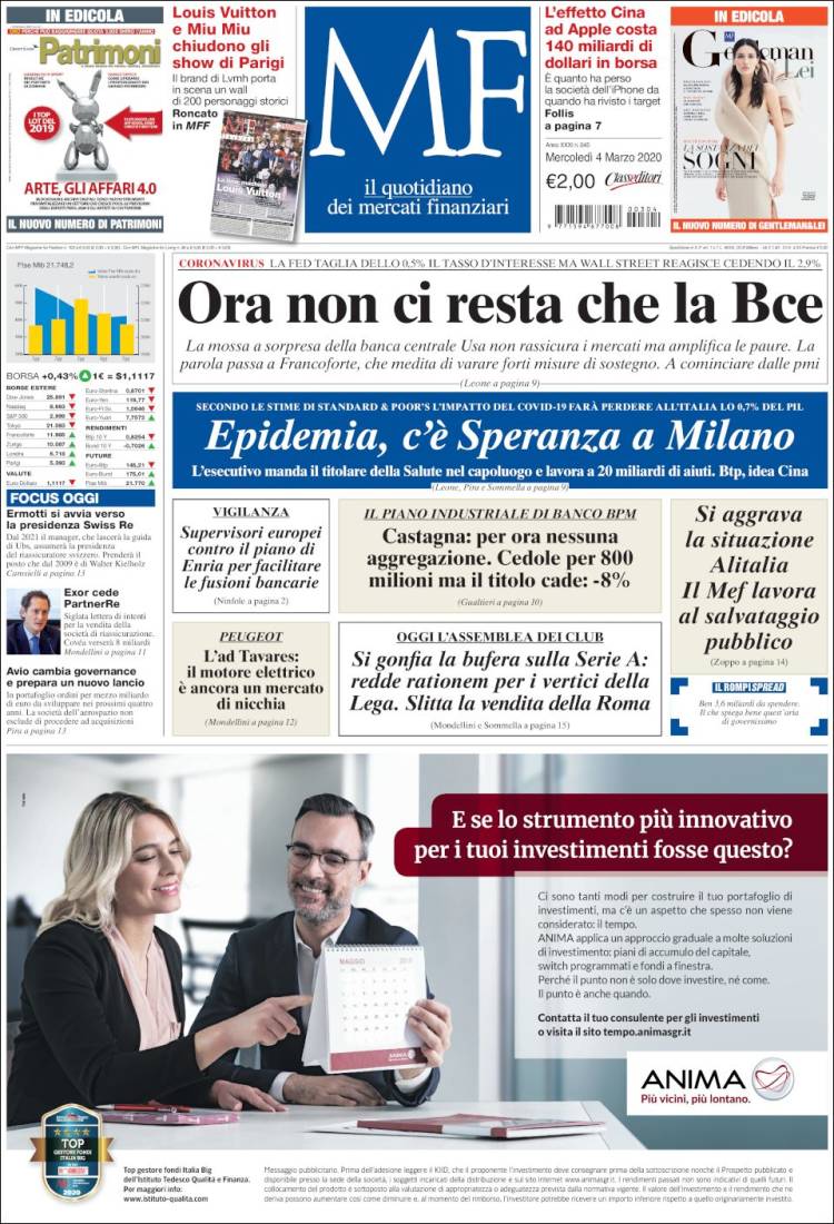 Portada de Milano Finanza (Italia)