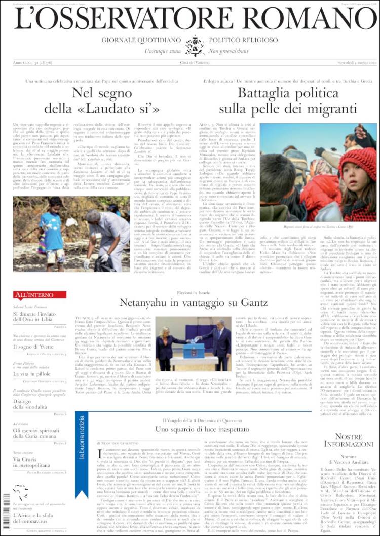 Portada de L'Osservatore Romano (Italia)