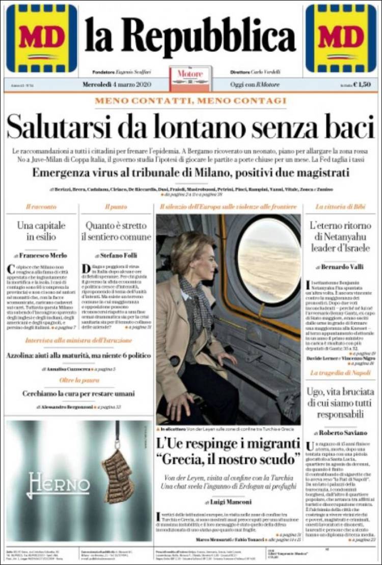 Portada de La Repubblica (Italia)
