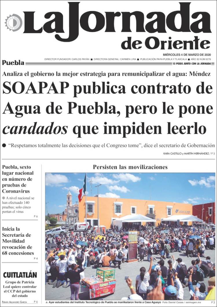 Portada de La Jornada de Oriente - Puebla (México)