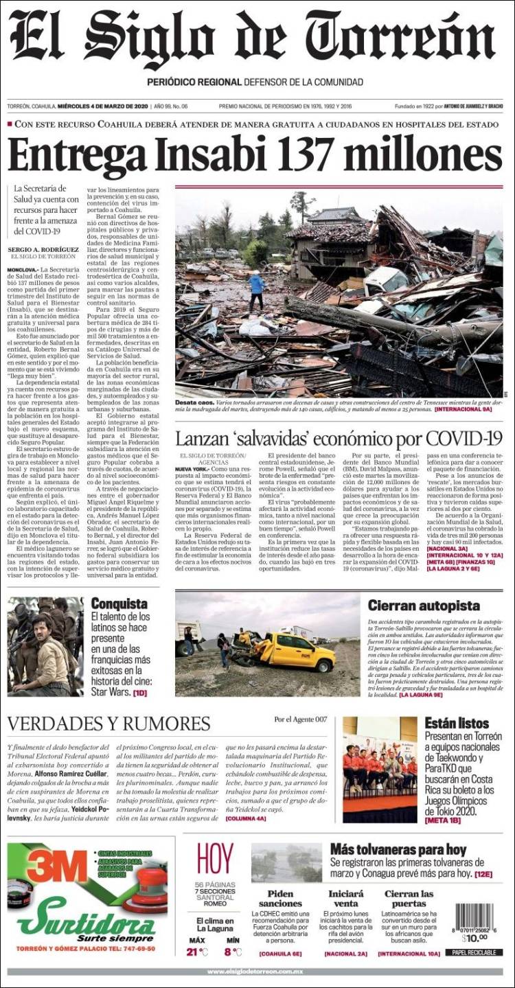 Portada de El Siglo de Torreon (México)