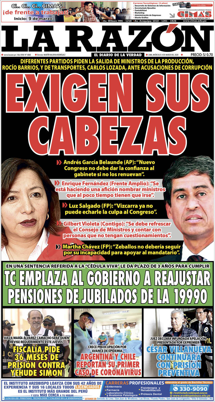Portada de La Razón (Per&uacute;)