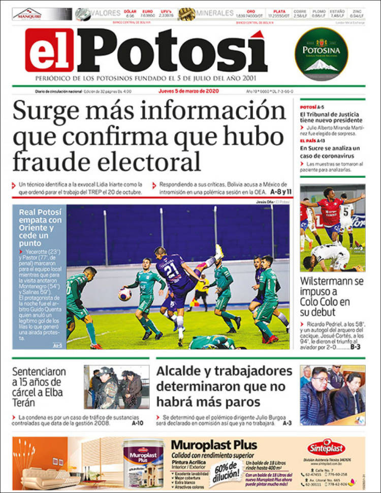 Portada de Diario de Potosí (Bolivia)