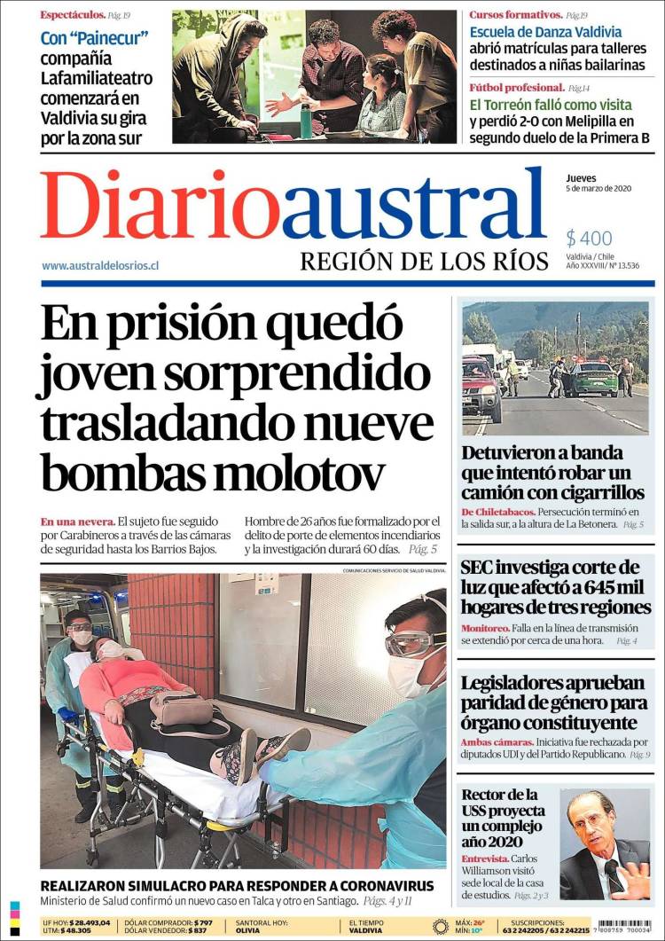 Portada de El Diario Austral de Valdivia (Chile)