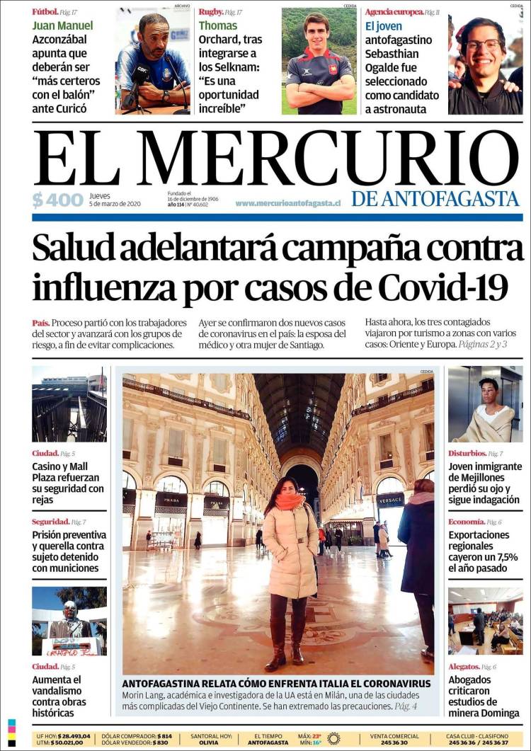 Portada de El Mercurio de Antofagasta (Chile)