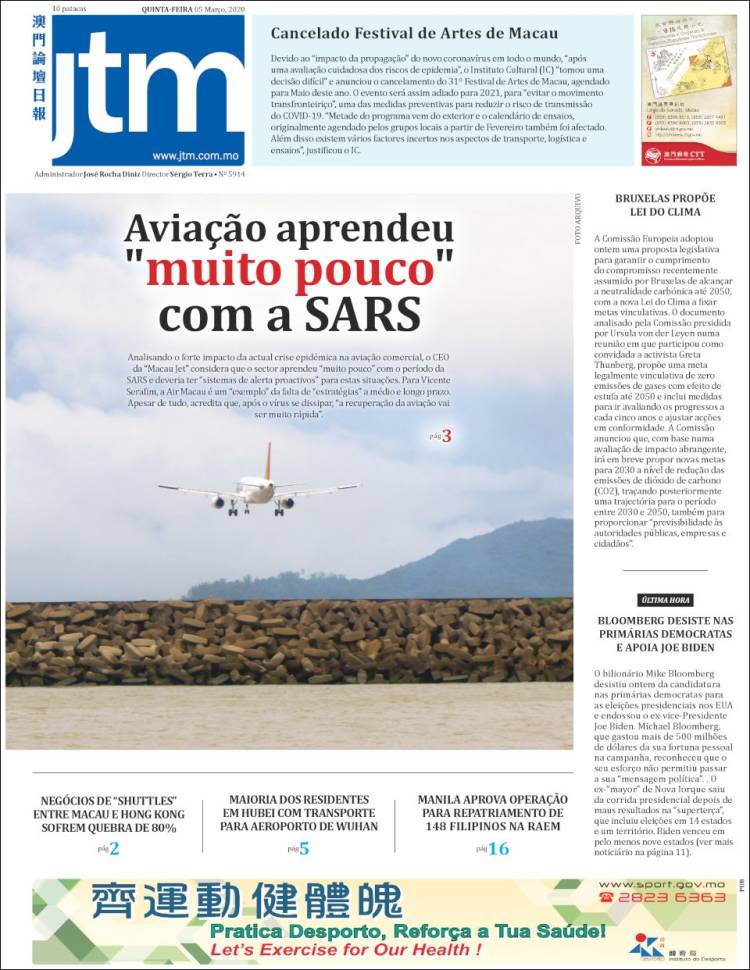 Portada de Jornal Tribuna de Macau (China)