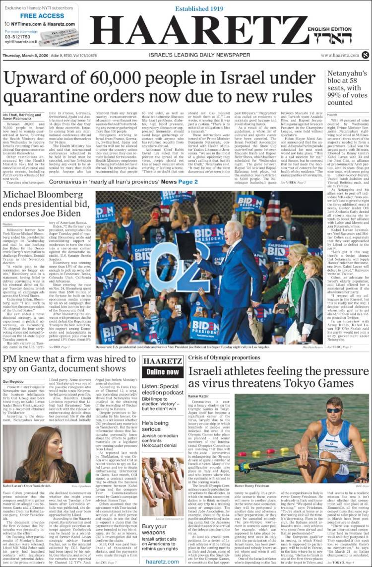 Portada de Haaretz (Israel)