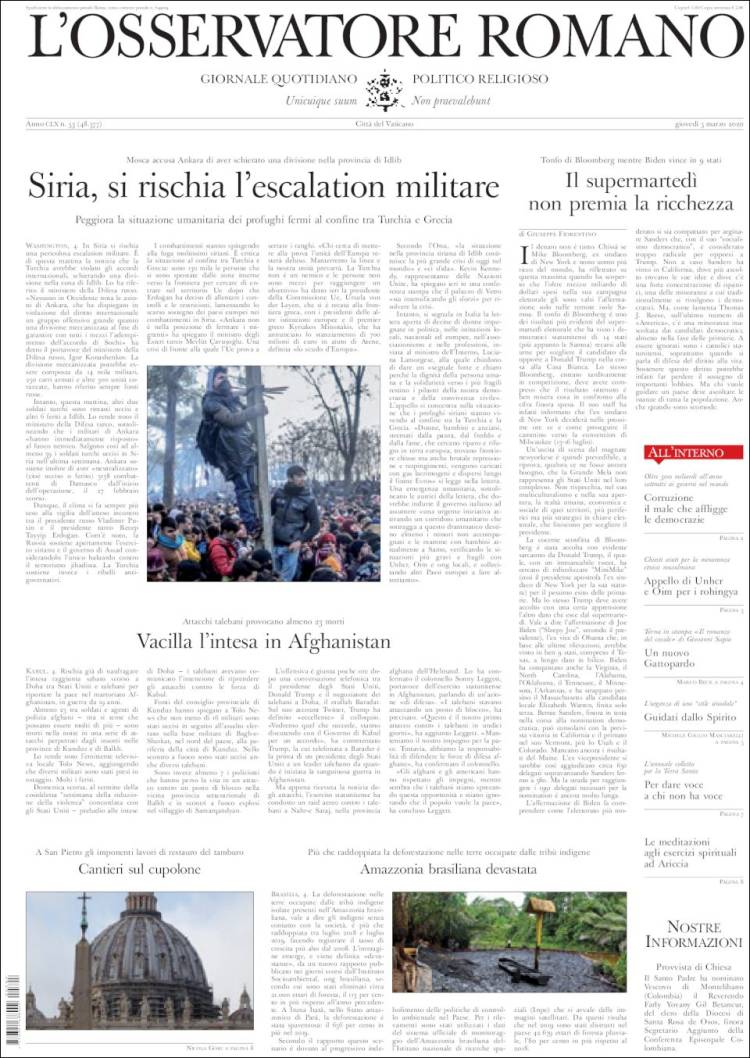 Portada de L'Osservatore Romano (Italia)