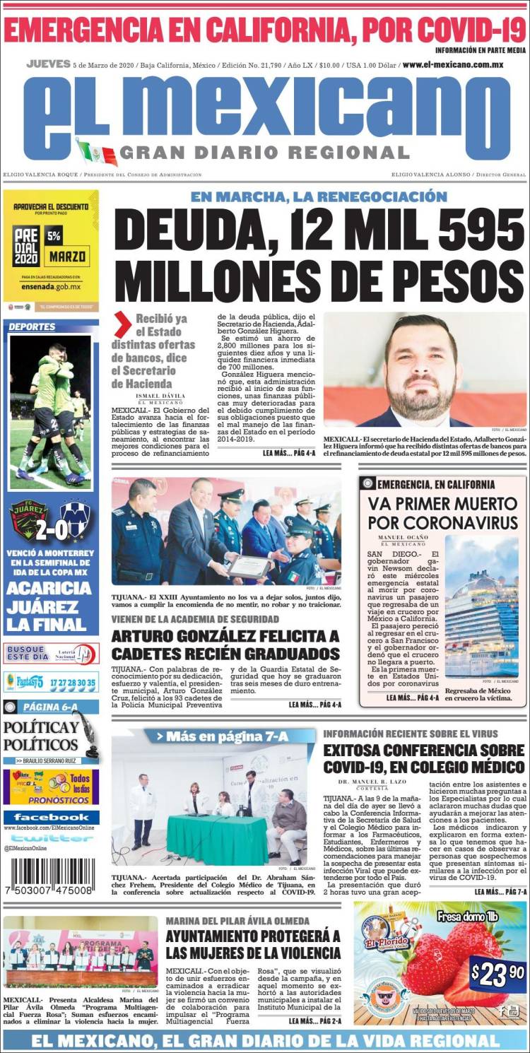 Portada de El Mexicano - El Gran Diario Regional (M&eacute;xico)