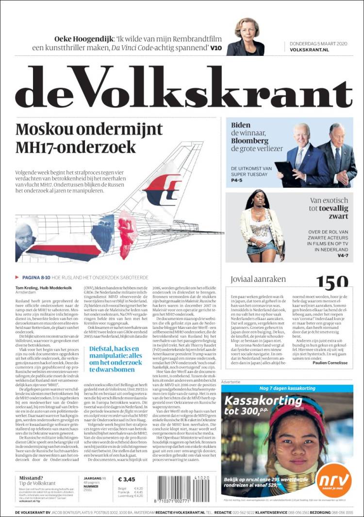 Portada de De Volkskrant (Pa&iacute;ses Bajos)