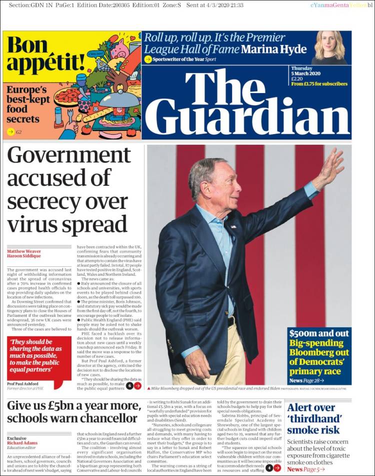 Portada de The Guardian (Reino Unido)