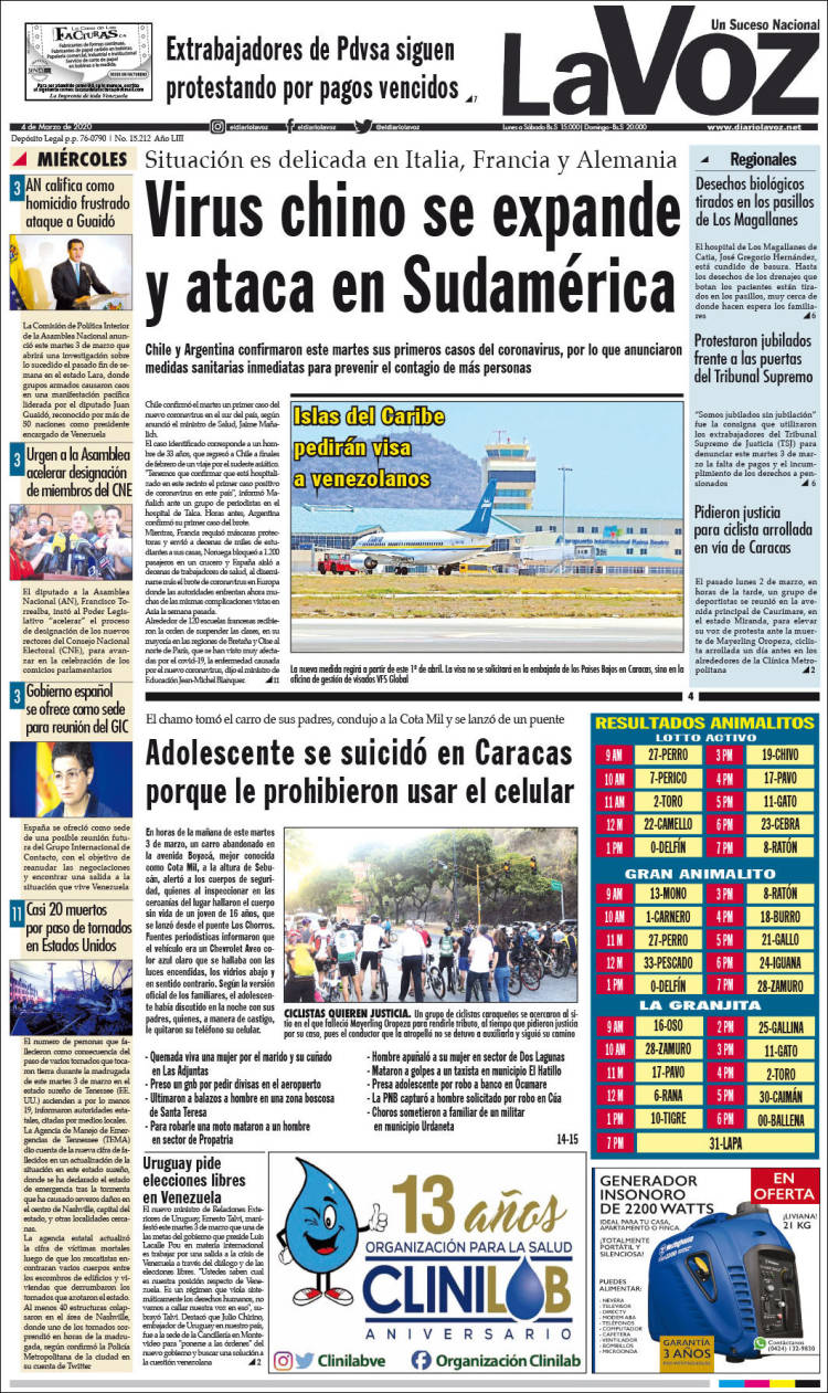 Portada de Diario La Voz (Venezuela)