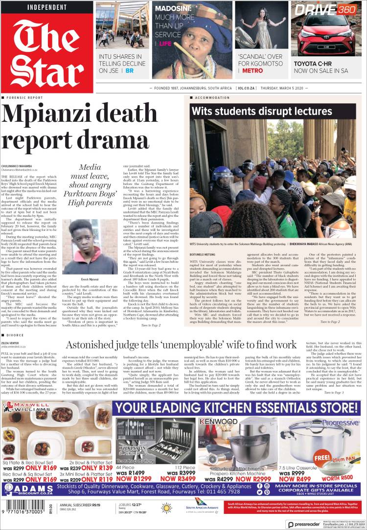 Portada de The Star (Sud&aacute;frica)