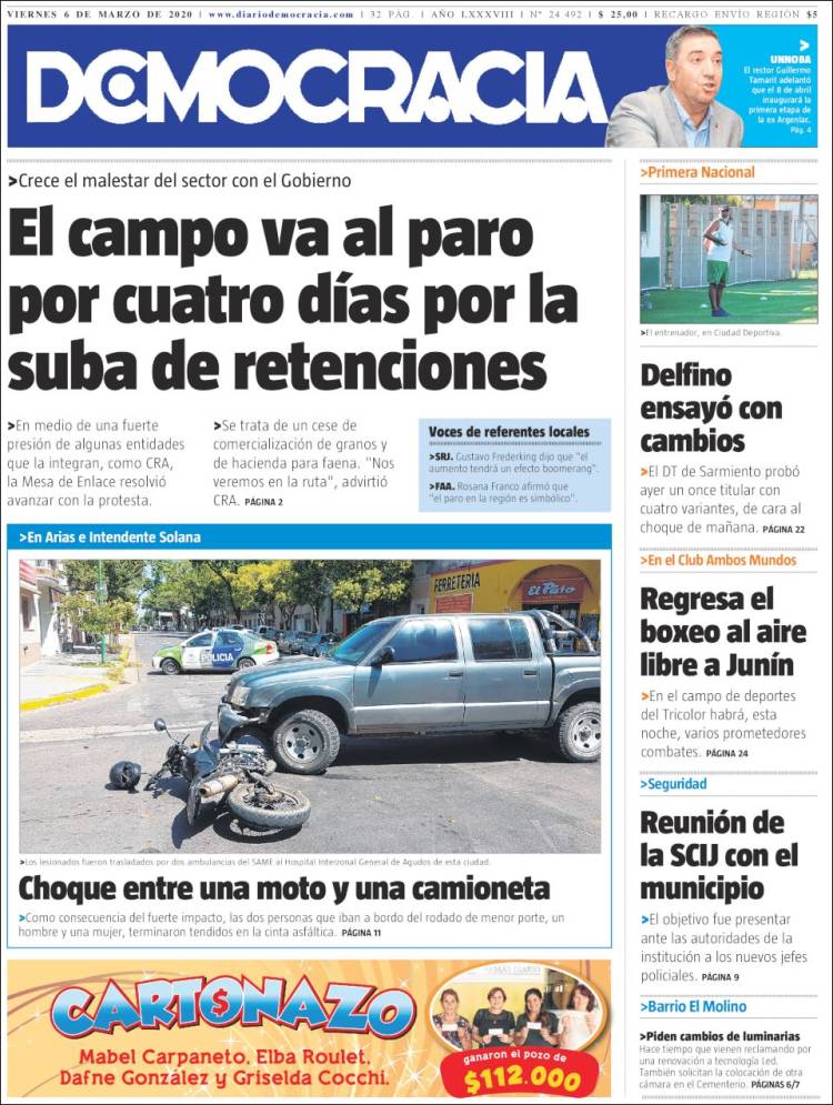 Portada de Diario Democracia (Argentina)