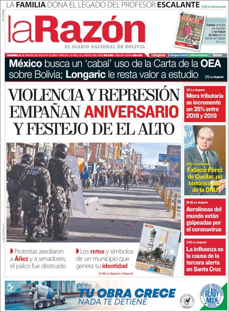 Portada de La Razón (Bolivia)