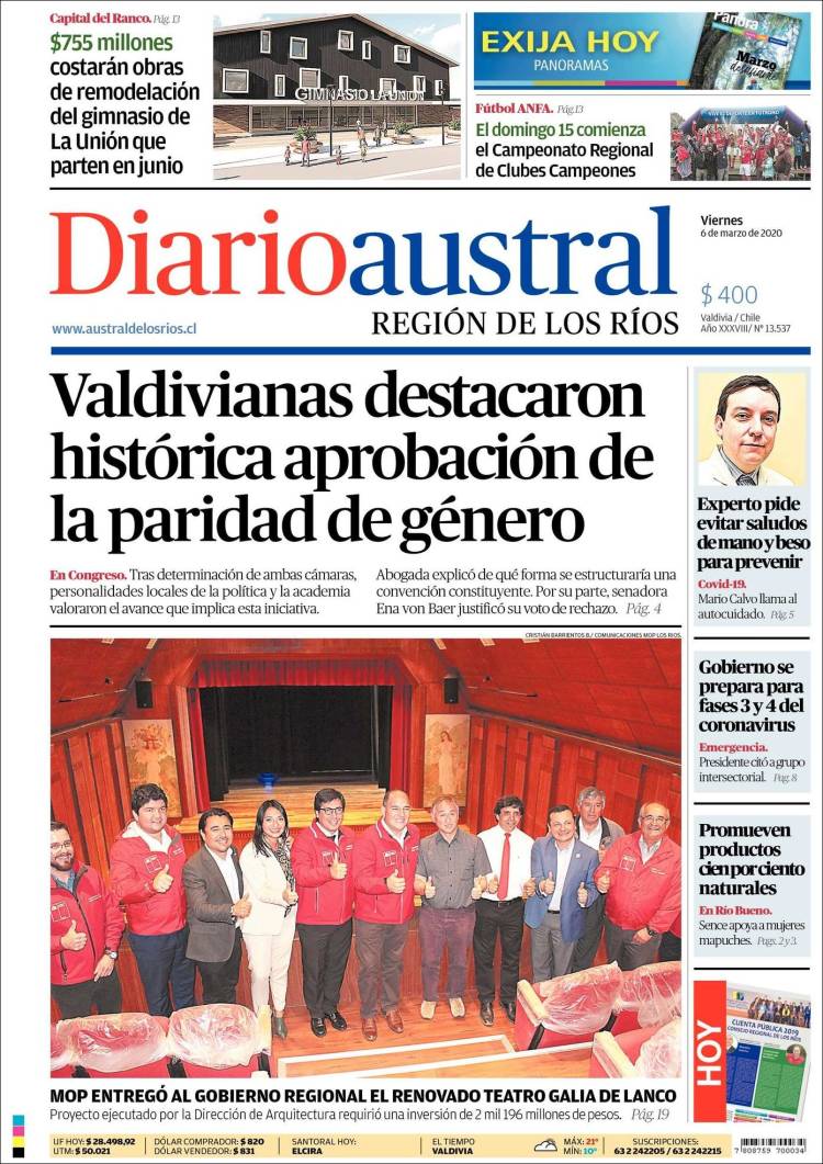 Portada de El Diario Austral de Valdivia (Chile)