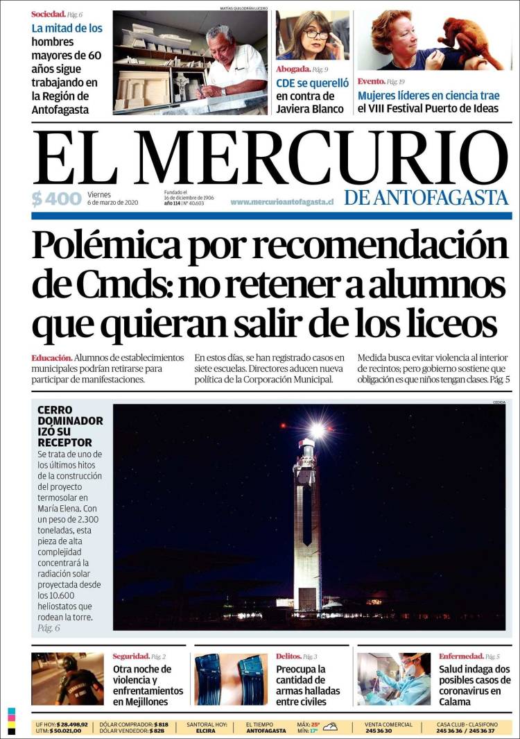 Portada de El Mercurio de Antofagasta (Chile)