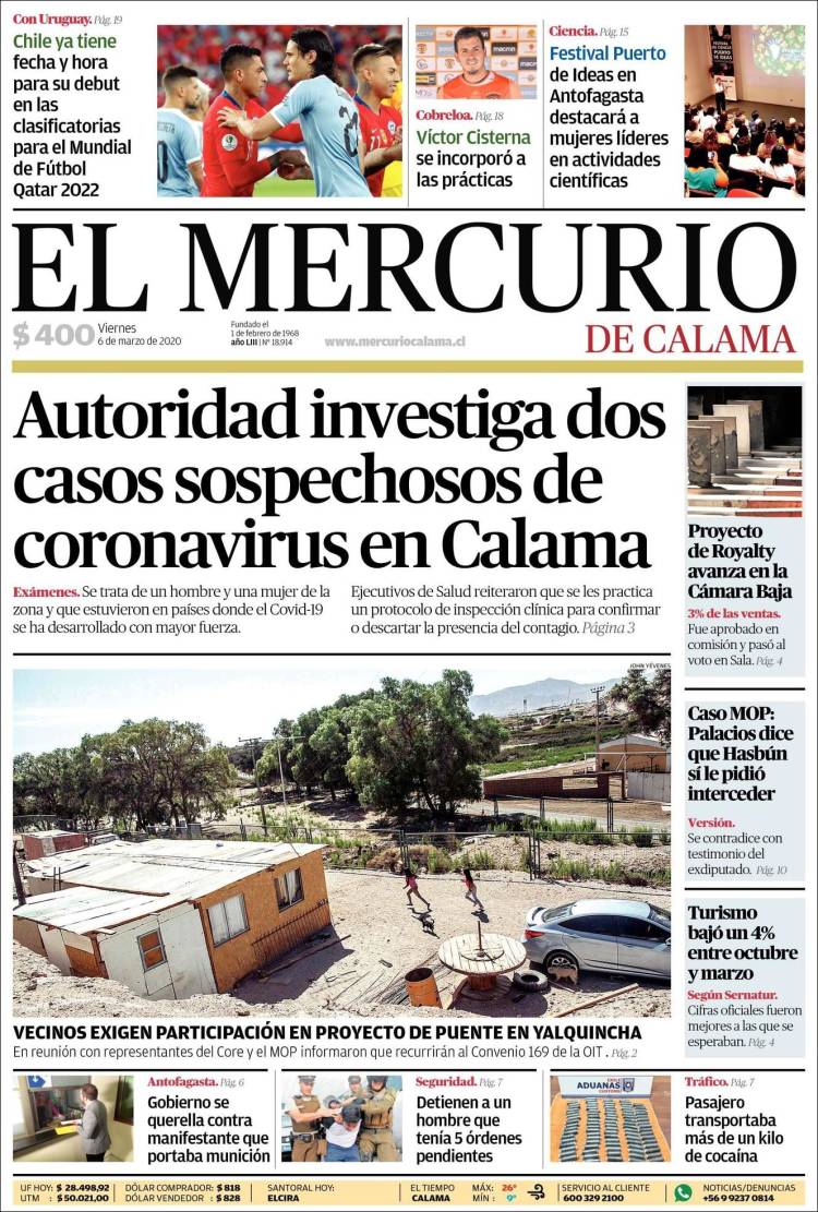 Portada de El Mercurio - Calama (Chile)