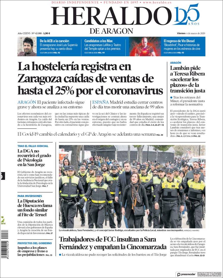 Portada de Heraldo de Aragón (España)