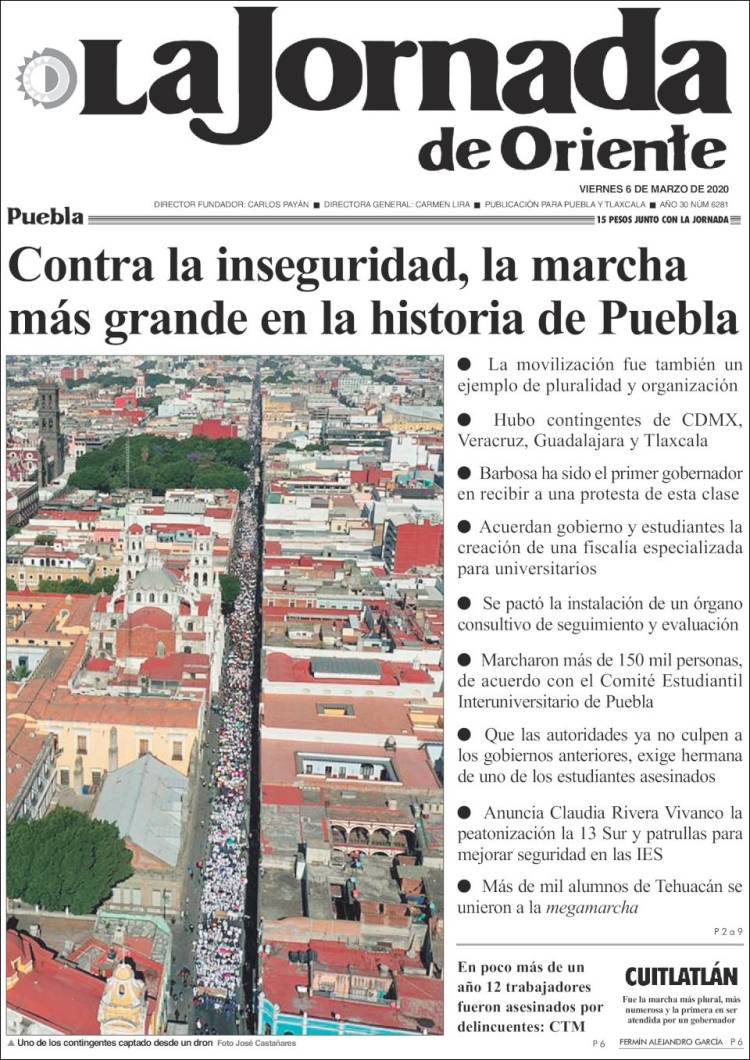 Portada de La Jornada de Oriente - Puebla (México)