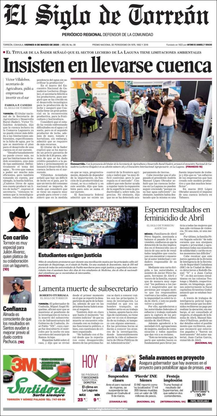 Portada de El Siglo de Torreon (México)
