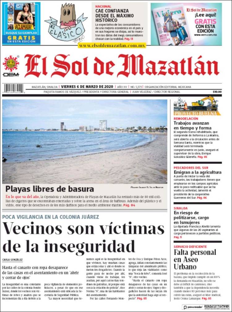 Portada de El Sol de Mazatlán (México)