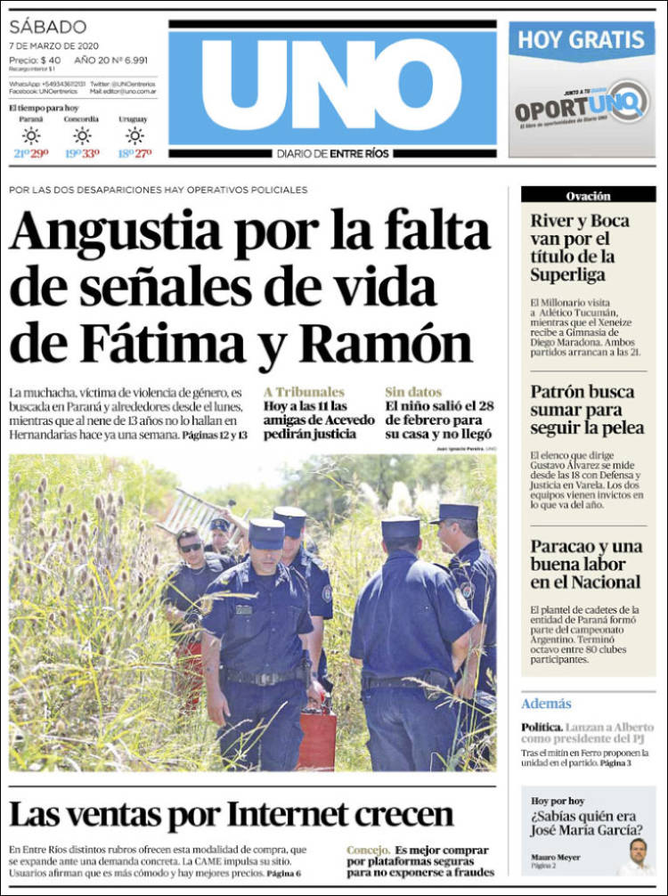 Portada de Diario Uno de Entre Ríos (Argentina)